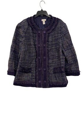 Chicos Tweed Button Front Jacket Womens Size 2 Purple Fringe Trim Lined